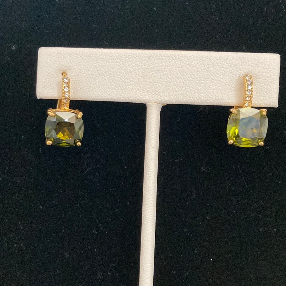 Gold Earrings with Green and White Rhinestones